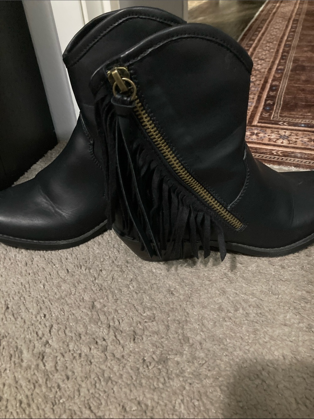 Report Black Fringe Ankle Boots with Gold-Tone Zipper